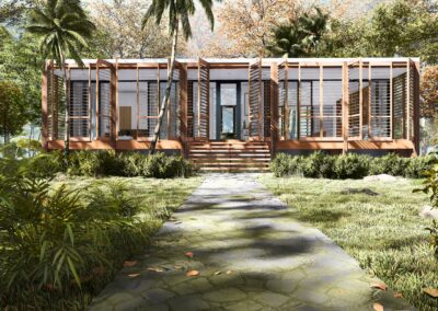 Un'architettura moderna immersa nella natura. La casa è realizzata in legno con ampie finestre e persiane. Un sentiero conduce all'ingresso.