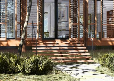 Un'architettura moderna immersa nella natura. La casa è realizzata in legno con ampie finestre e persiane. Un sentiero conduce all'ingresso.