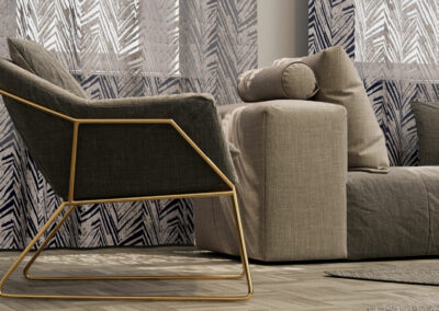 Soggiorno moderno con divano e sedie, rendering fotorealistico