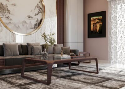 Render soggiorno moderno con divano e tavolino