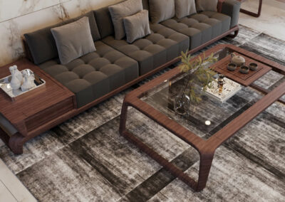 Render soggiorno moderno con divano e tavolino